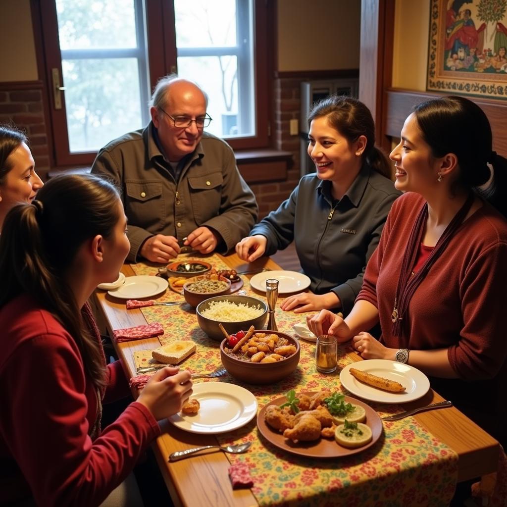 Ambika Homestay Family Dinner - A warm and inviting scene of a family dinner at the homestay, with guests and hosts sharing a meal and conversation around a traditional Himachali thali.