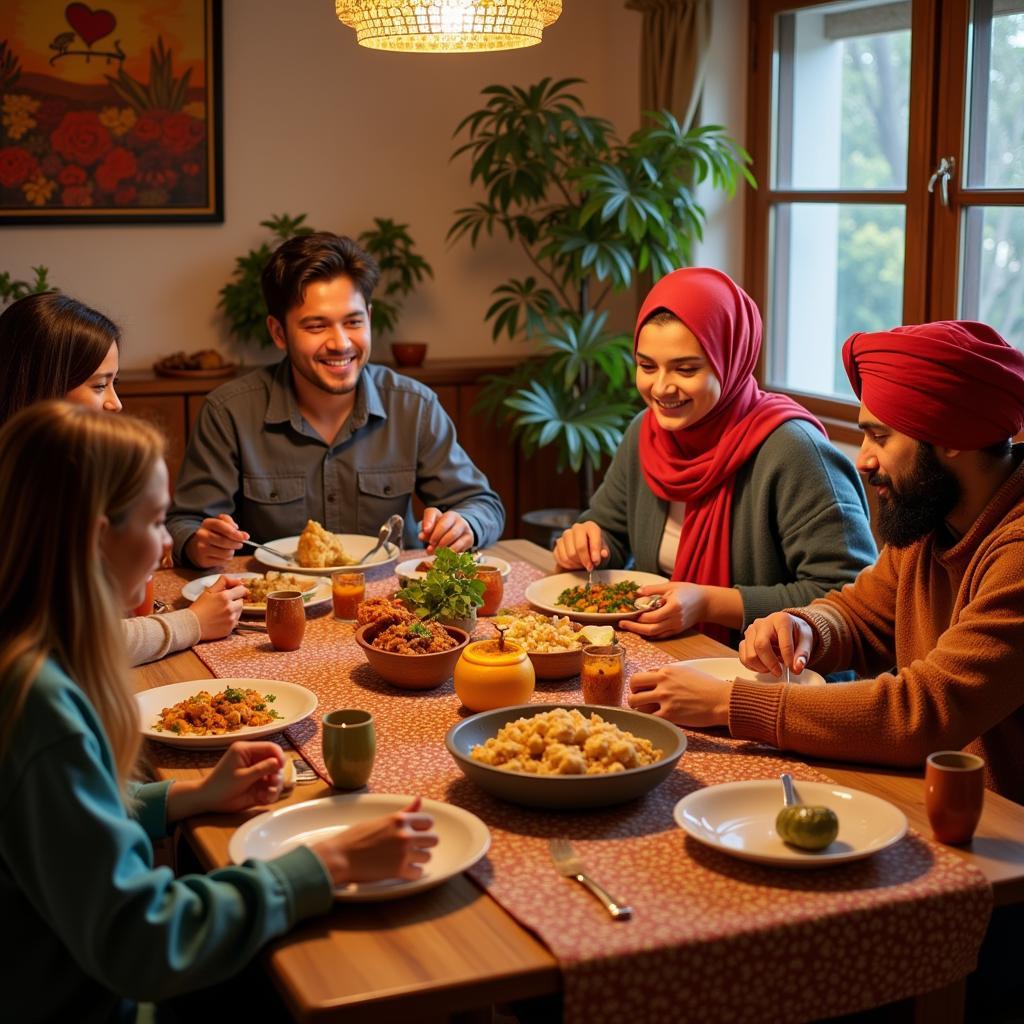 A family sharing a traditional Punjabi meal with guests at a homestay in Amritsar.