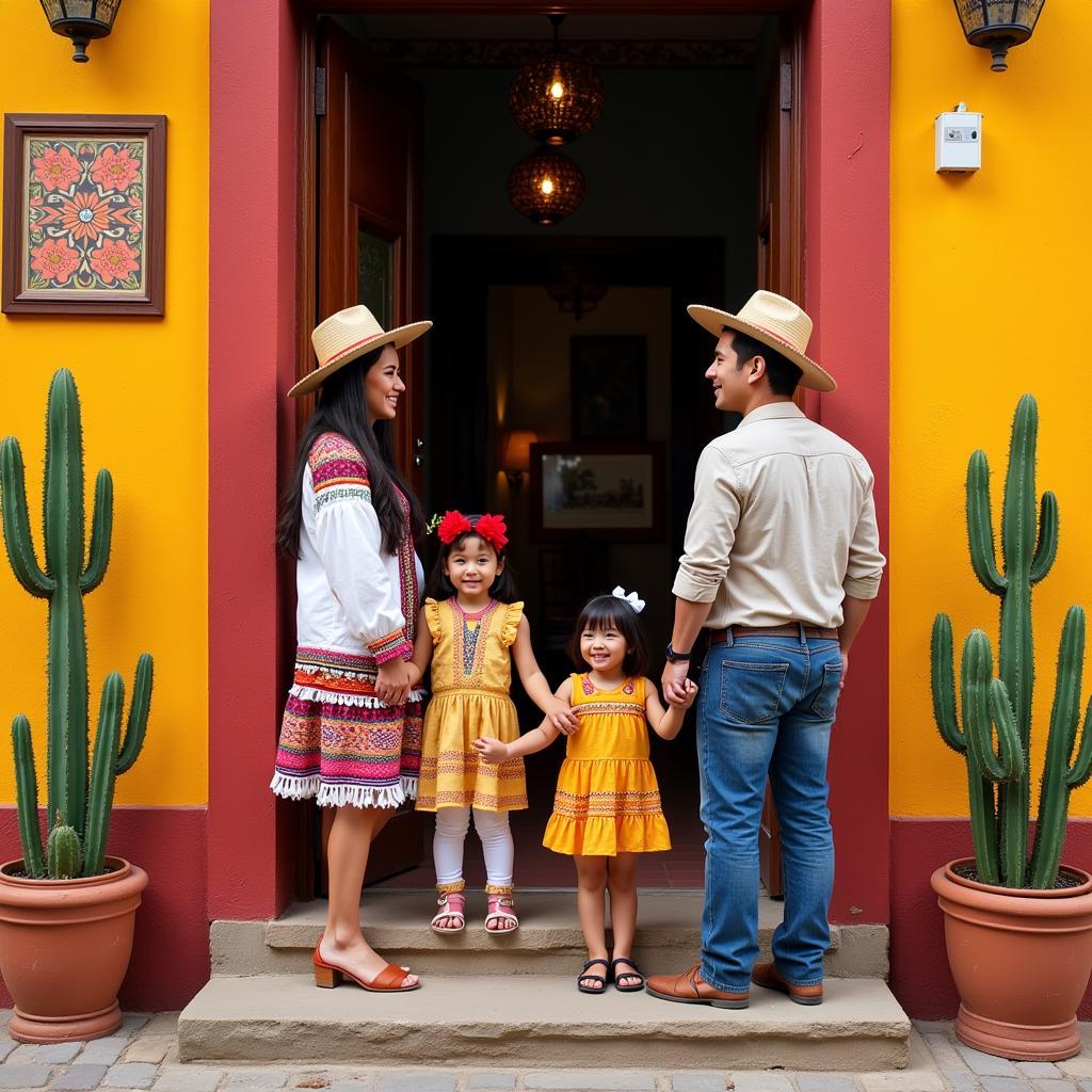 Andean family welcoming guests into their traditional home with smiles and open arms.