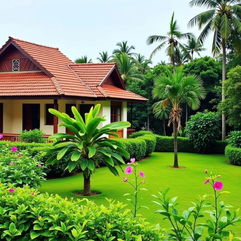 Exterior view of Annie's Garden Homestay, showing the lush garden and traditional Kerala architecture.