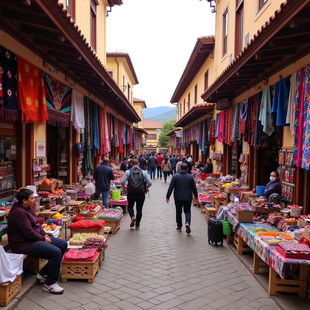 Bustling market scene in Antigua Guatemala with vibrant textiles and local crafts.