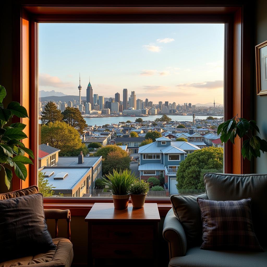 Auckland cityscape view from a homestay window