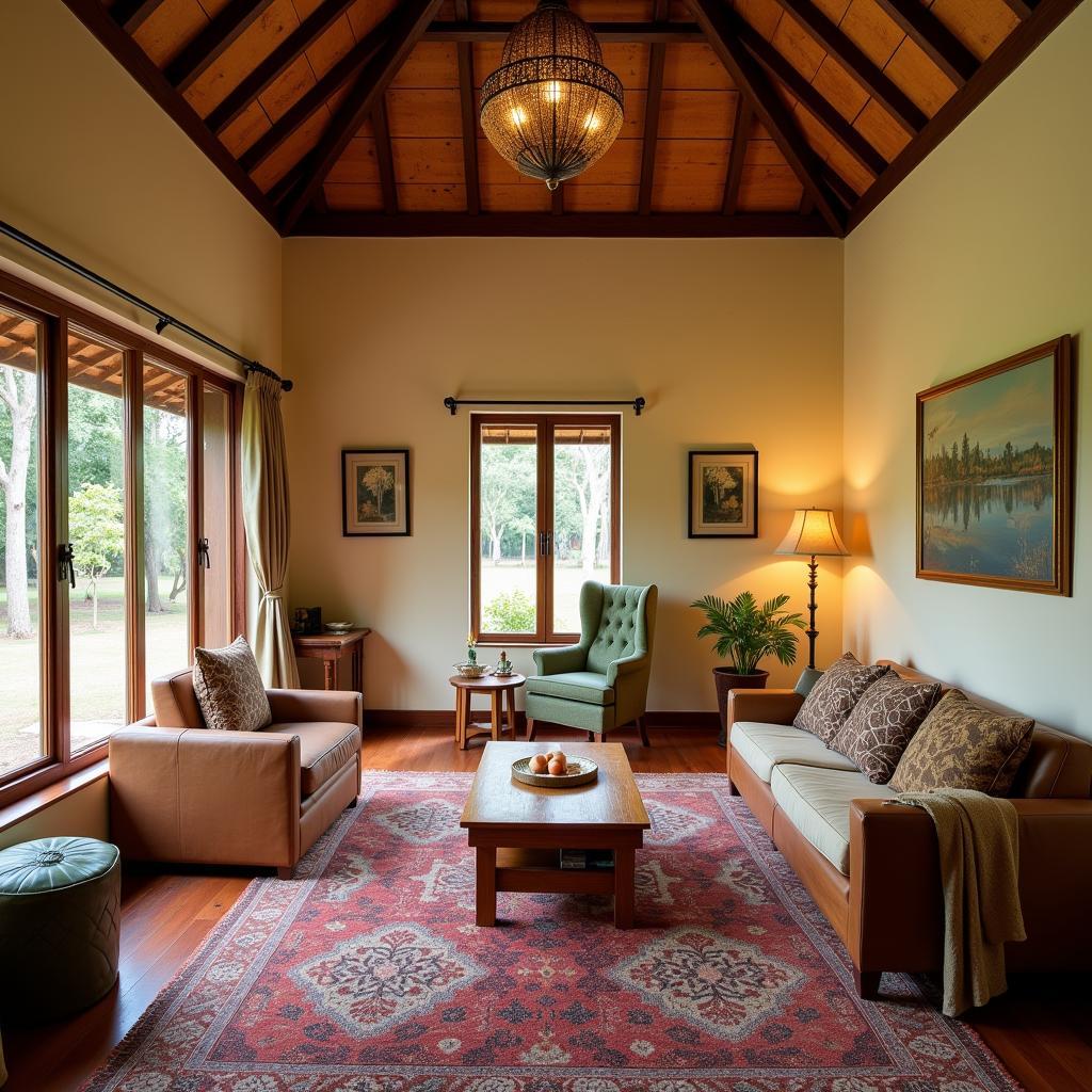 The inviting interior of a Bruno Homestay, featuring comfortable furnishings and local artwork.