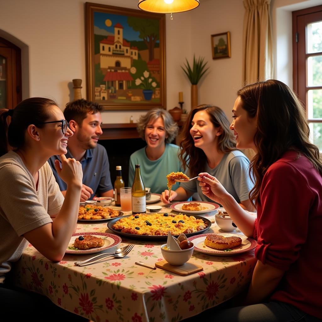 Family sharing paella dinner in a traditional Spanish homestay