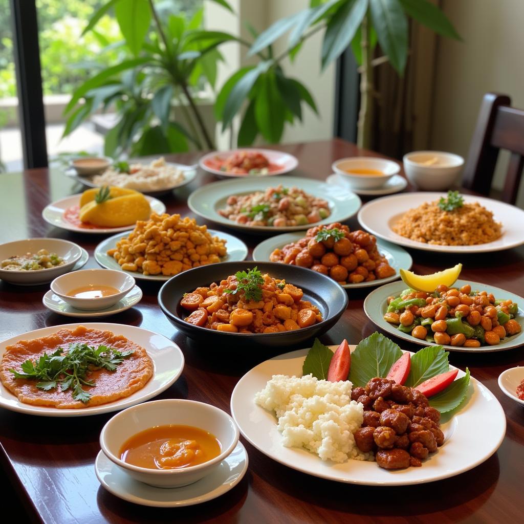 A colorful spread of traditional Thai dishes served at an eco homestay in Chiang Mai.