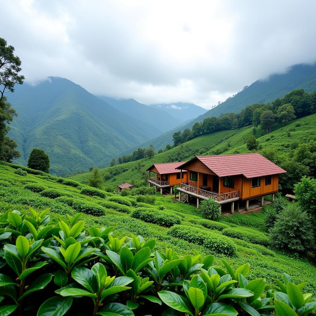 Scenic view of a homestay nestled amidst the lush green hills of Bababudangiri with coffee plantations in the foreground.