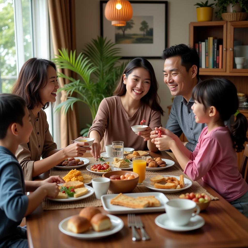 Family enjoying breakfast at a Bagan Datoh homestay