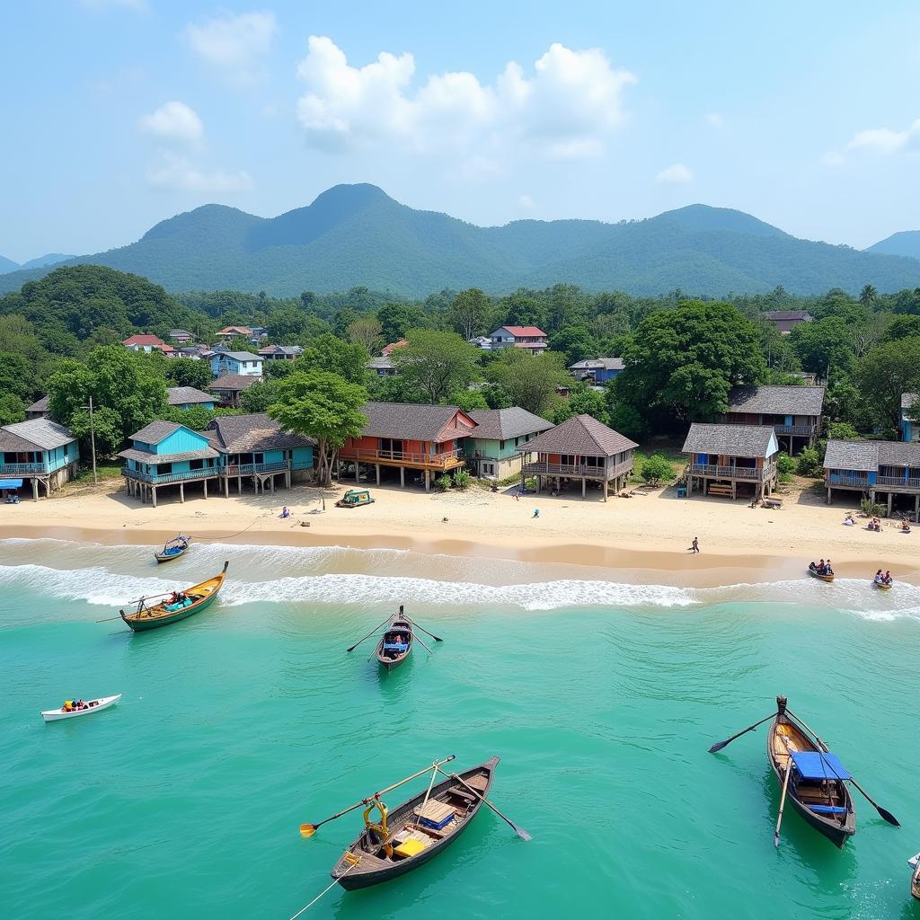 Tranquil fishing village of Bai Xep, Phu Yen, Vietnam, showcasing colorful boats and traditional homestays along the coast.