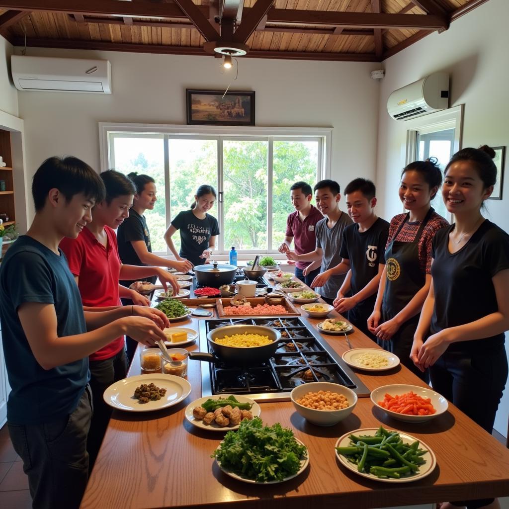 Guests participating in a traditional Malaysian cooking class in a Balik Pulau homestay.