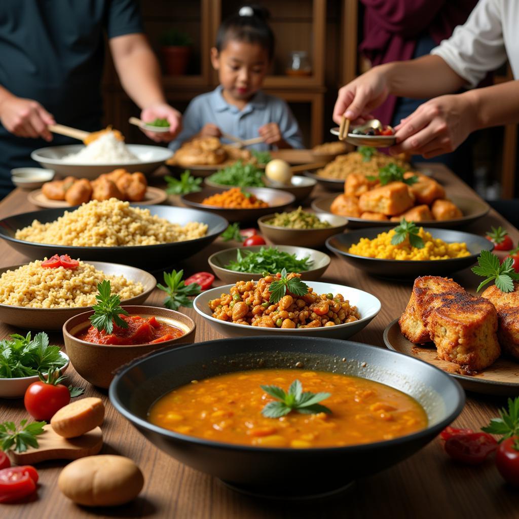 A table laden with a variety of colorful and aromatic Malaysian dishes in a Balik Pulau homestay.