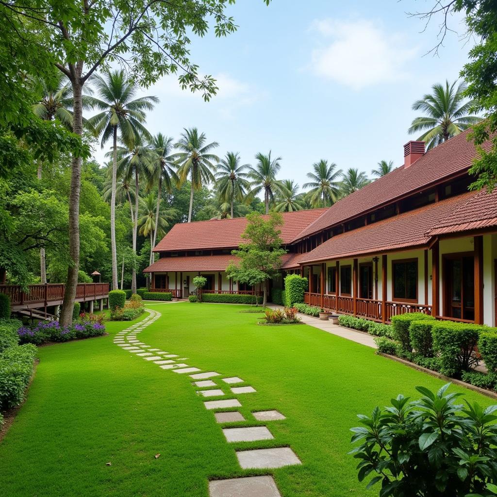 Exterior view of Bamboo Holidays Resort in Yercaud, showcasing its integration with the natural surroundings, lush greenery, and traditional architecture.