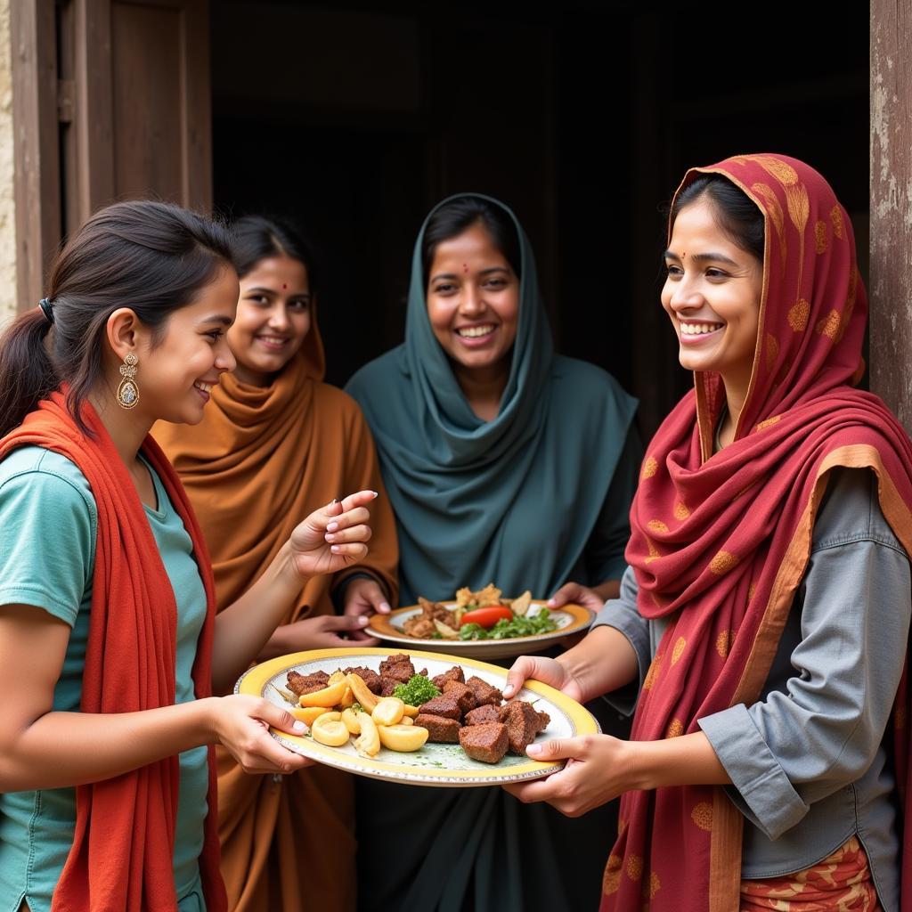 A vibrant image showcasing a traditional Bangladeshi rural homestay, with a family welcoming guests and offering them local delicacies.