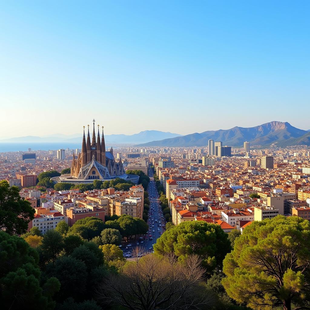 Panoramic view of Barcelona cityscape with Sagrada Familia