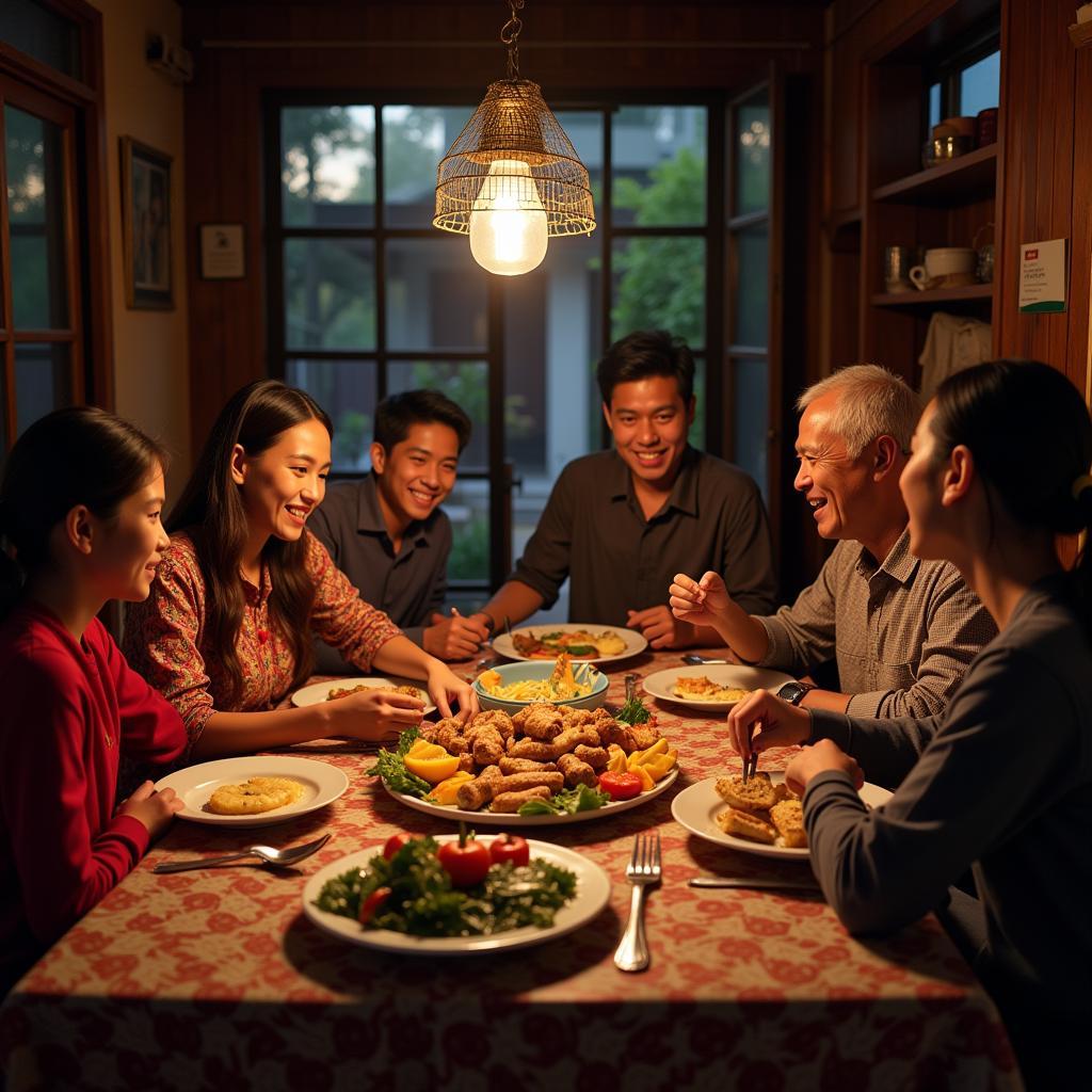 Batak Toba family enjoying a meal in a homestay setting