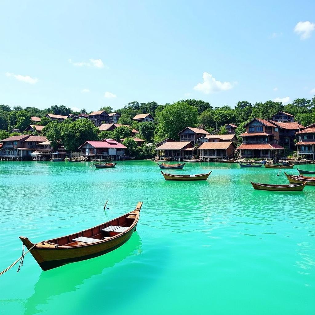 Tranquil coastal view of Batu Rakit homestay with traditional Malaysian houses and fishing boats in the background.