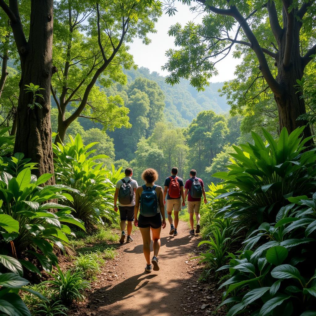 Tourists enjoying a jungle trek near their homestay in Bau Kuching, exploring the lush rainforest and discovering local flora and fauna.