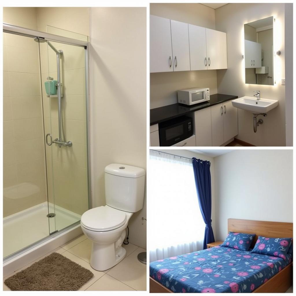 Various amenities offered in a typical Bayan Lepas homestay, such as a comfortable bedroom, modern bathroom, and communal kitchen.