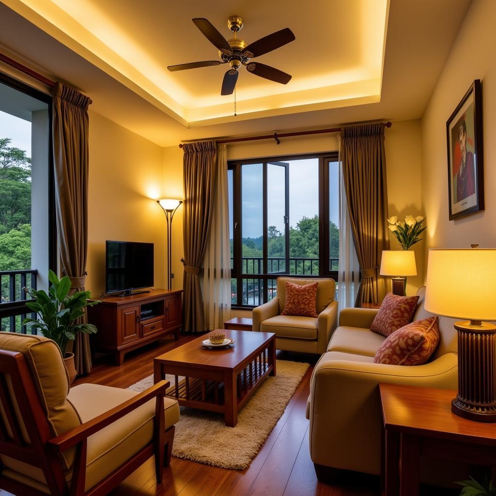 Tranquil scene of a typical homestay in Bayan Lepas, Penang, showcasing the comfortable living room with local decor and warm lighting.