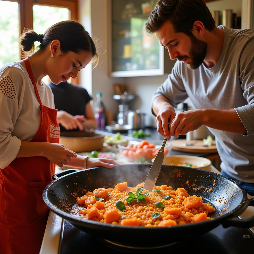 Guests participating in a Spanish cooking class within their homestay