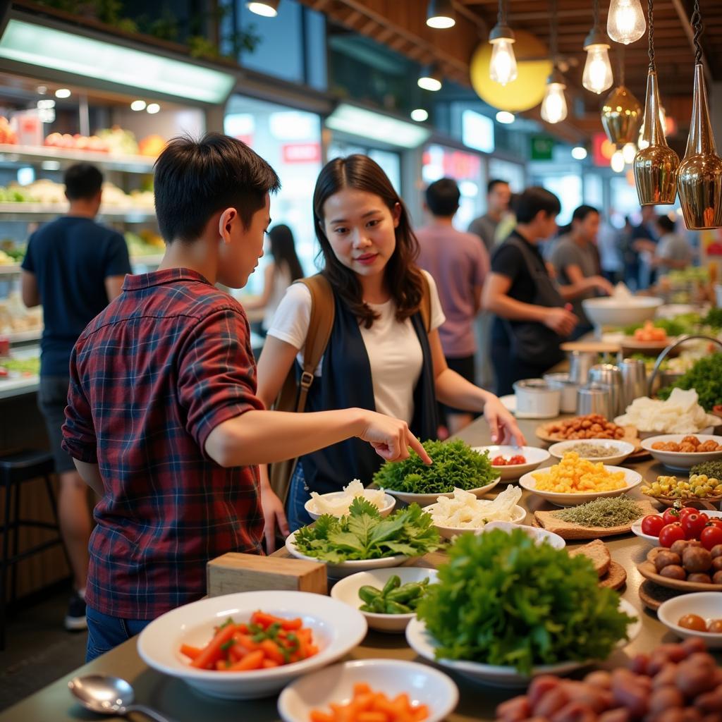 Benefits of Saigon Homestay Immersion:  A student exploring a local market with their host family, practicing English while learning about Vietnamese cuisine.