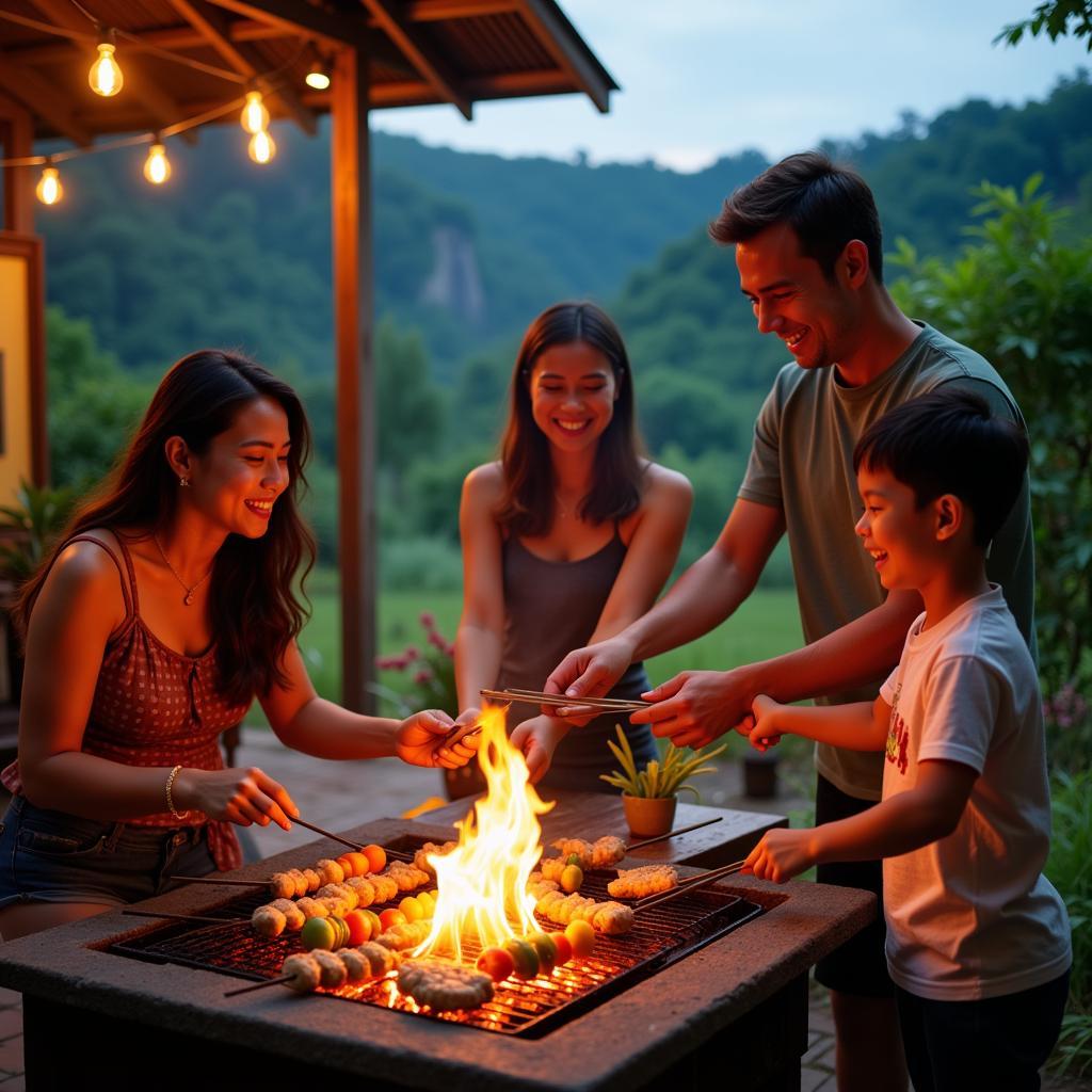 Family enjoying a BBQ dinner at a Bentong homestay