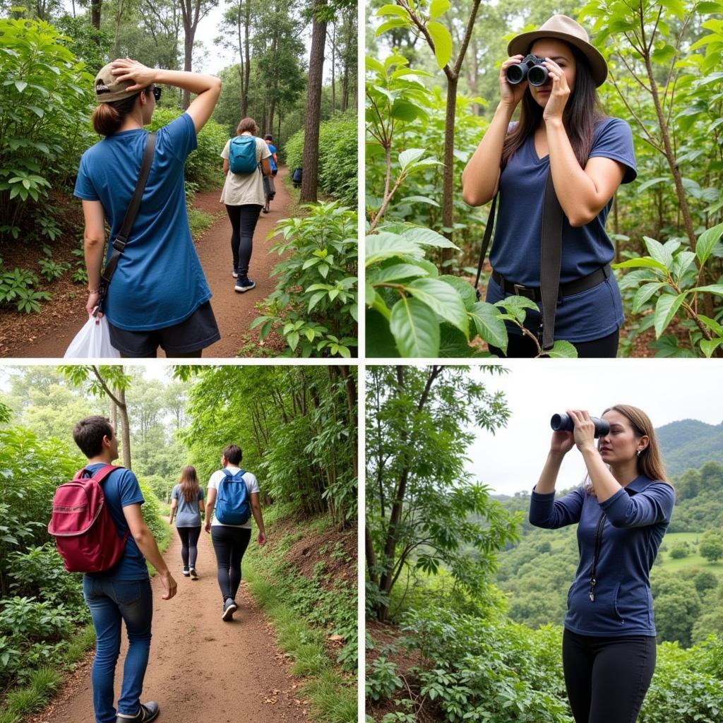 Guests enjoying outdoor activities near their homestay in Bhagamandala, including trekking, birdwatching, and exploring coffee plantations.