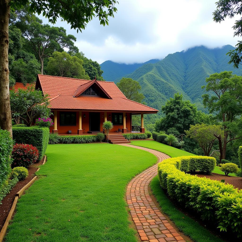 Scenic view of a traditional homestay in Bhagamandala nestled amidst lush greenery, overlooking the rolling hills and coffee plantations.