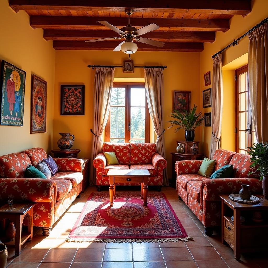 Cozy interior of a Bidara Beach Village homestay, showcasing traditional Spanish decor and warm hospitality.