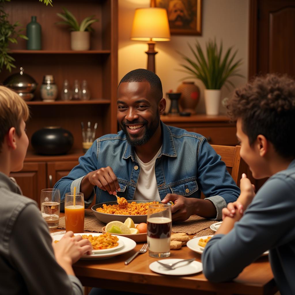 A black man enjoying a delicious paella dinner with a Spanish family in their traditional home