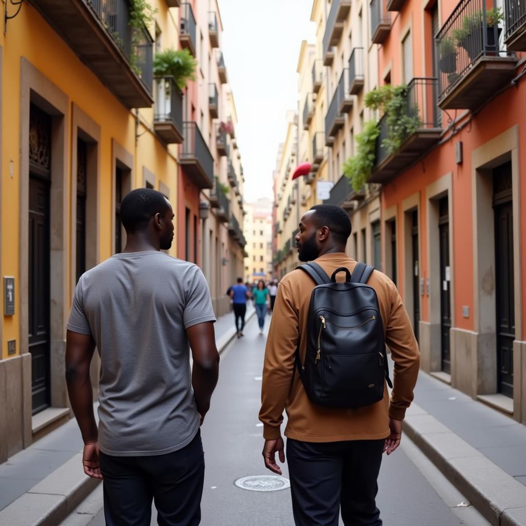 Black man exploring the vibrant streets of Barcelona with a local guide