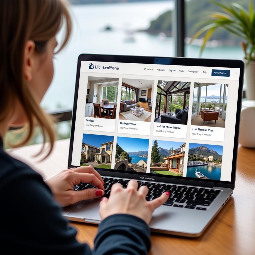 Booking a Homestay: A person using a laptop to browse homestay options online, with a close-up view of a website listing different harbour view homestays in Wellington.