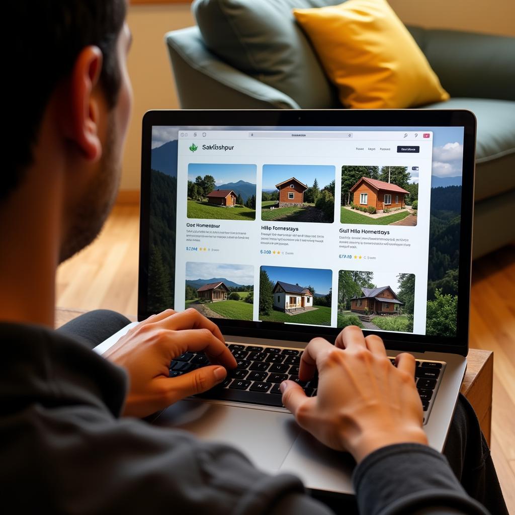 A person using a laptop to browse and book a hilltop homestay in Sakleshpur online.