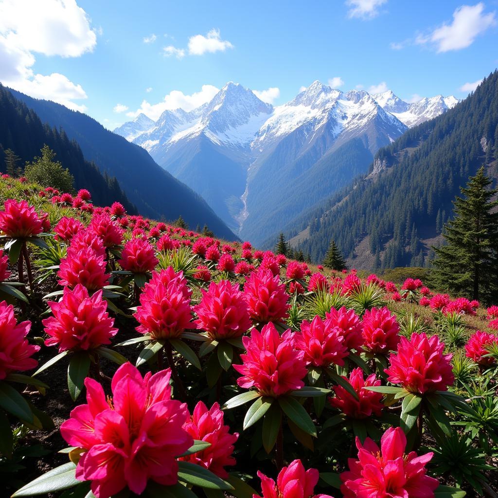 Colorful rhododendrons blooming in Borong, Sikkim during spring season.