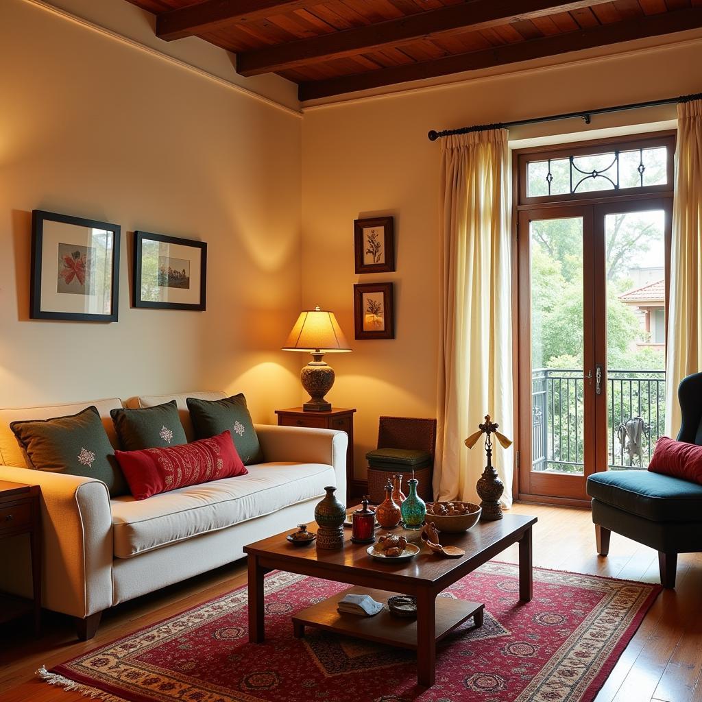 Cozy living room in a Delhi boutique homestay