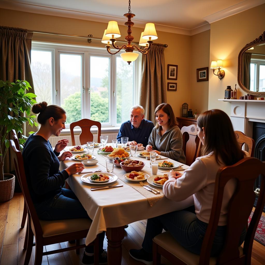 The student enjoys a traditional English dinner with their host family, fostering cultural exchange and conversation.