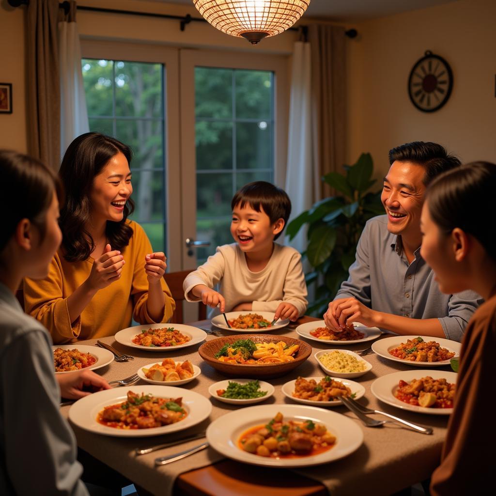 Family enjoying a traditional Malaysian dinner at their Broga homestay