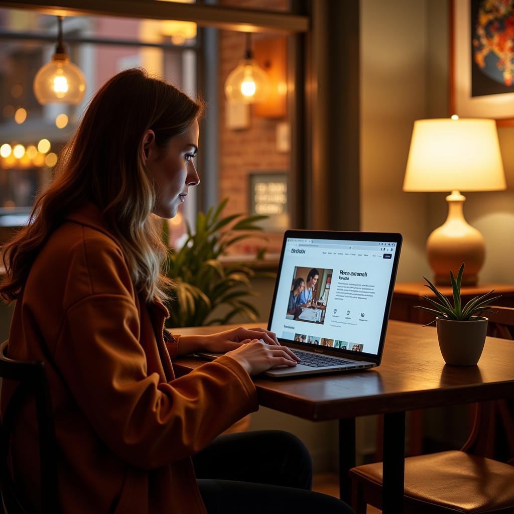 A traveler browses homestay profiles on a laptop, searching for the perfect match for their Spanish adventure.