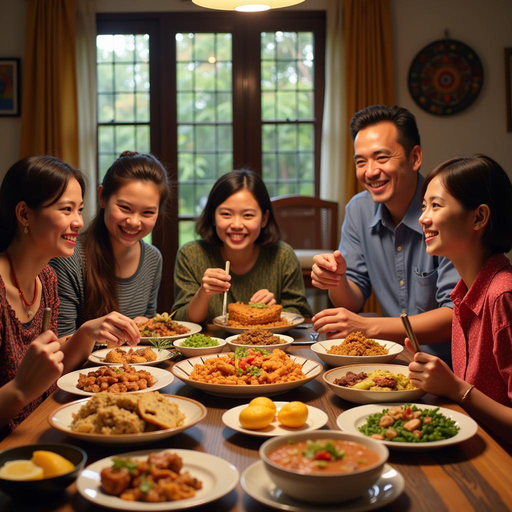 Family enjoying a traditional Malaysian dinner in a Bukit Rimau homestay