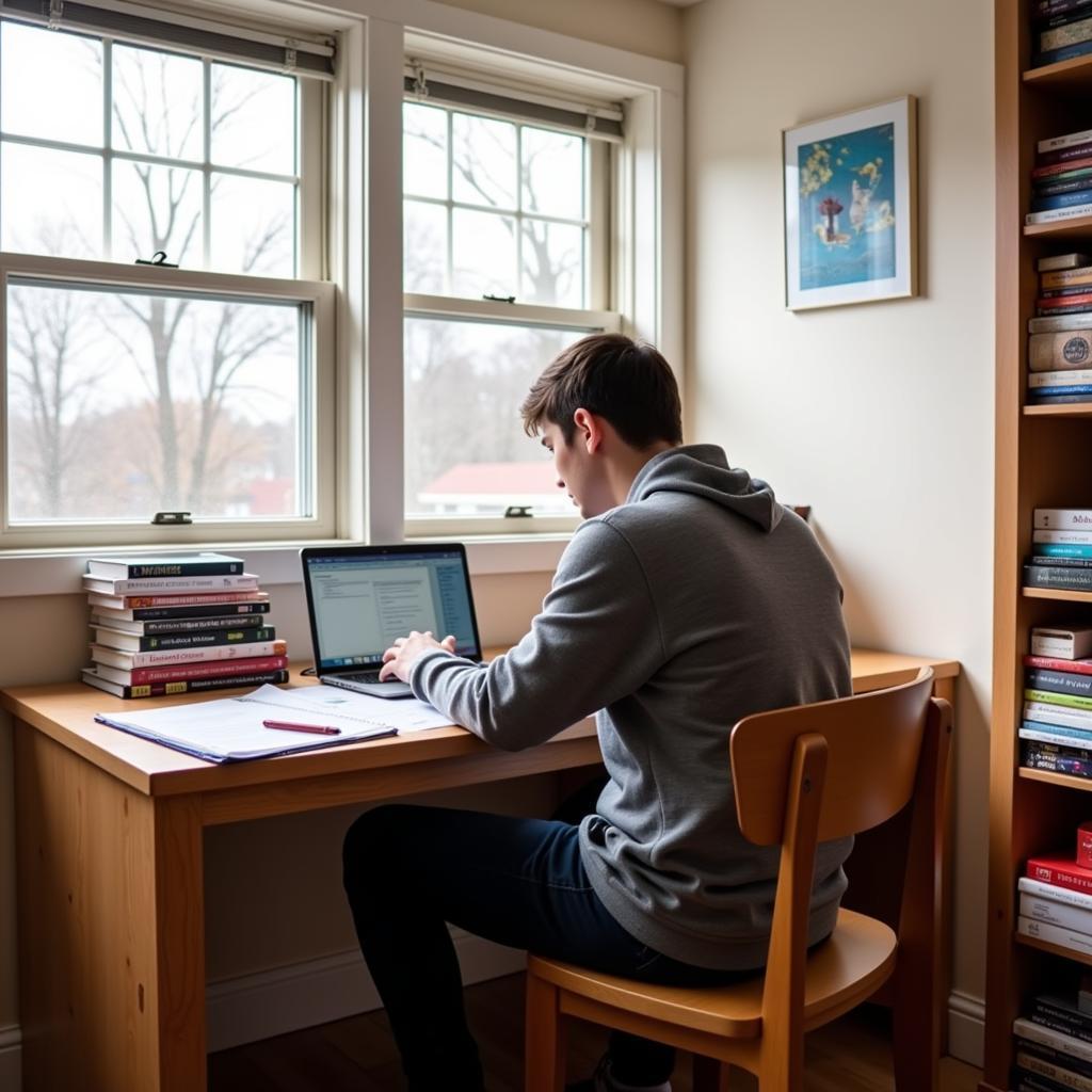 Student studying in a bright and comfortable homestay room