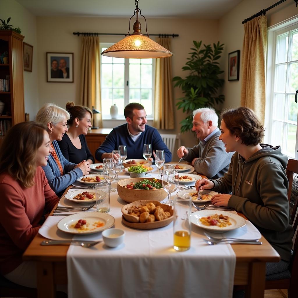 Happy family enjoying a meal together in a Cambridge, New Zealand homestay