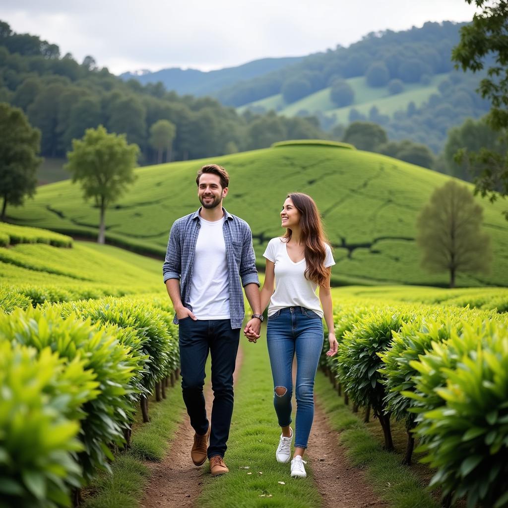 Couple enjoying their honeymoon amongst the tea plantations of Cameron Highland