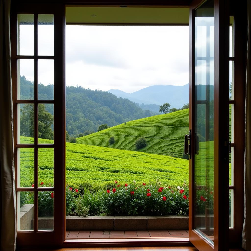 View of tea plantations in Cameron Highlands from a homestay window