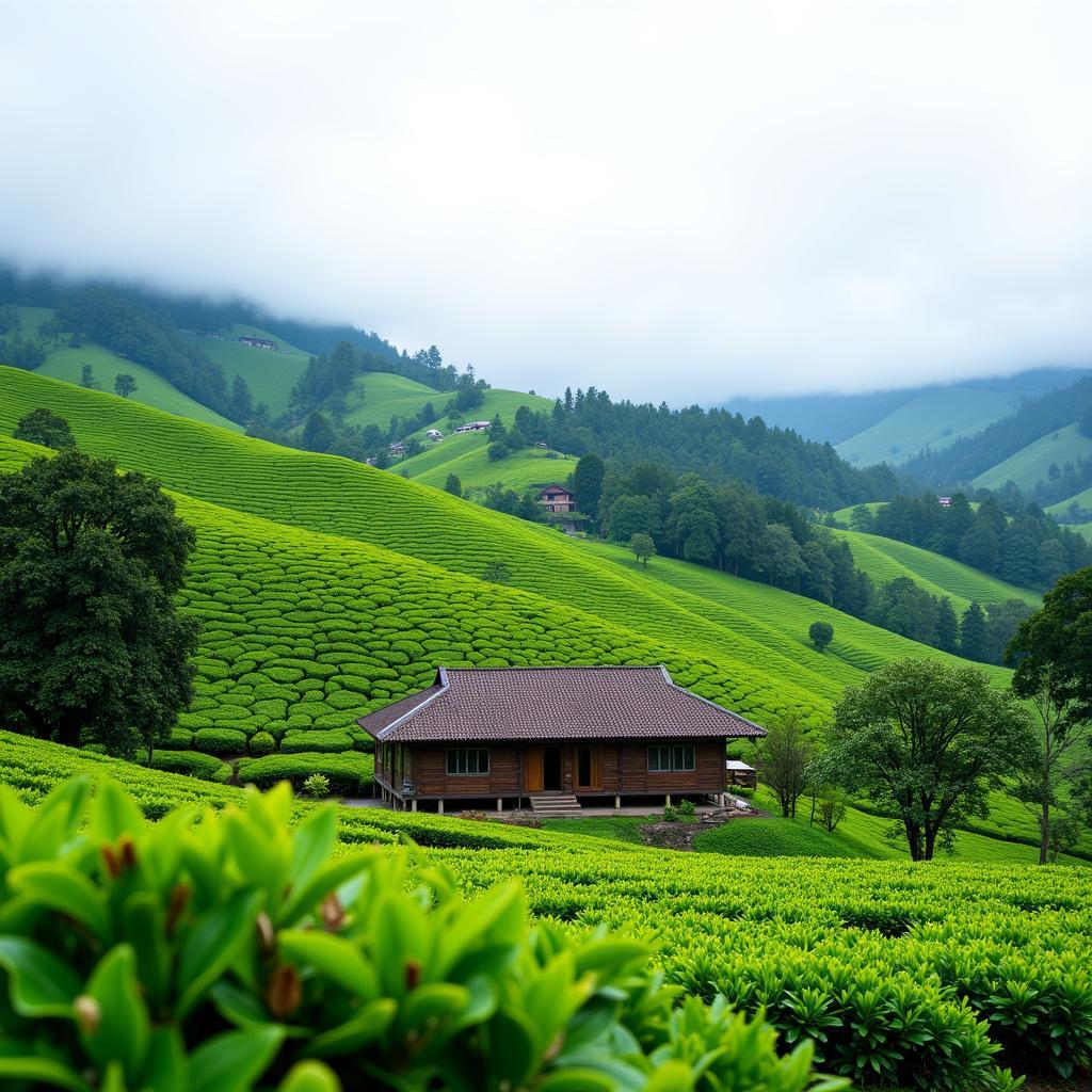 Scenic view of a Cameron Highlands homestay surrounded by lush tea plantations