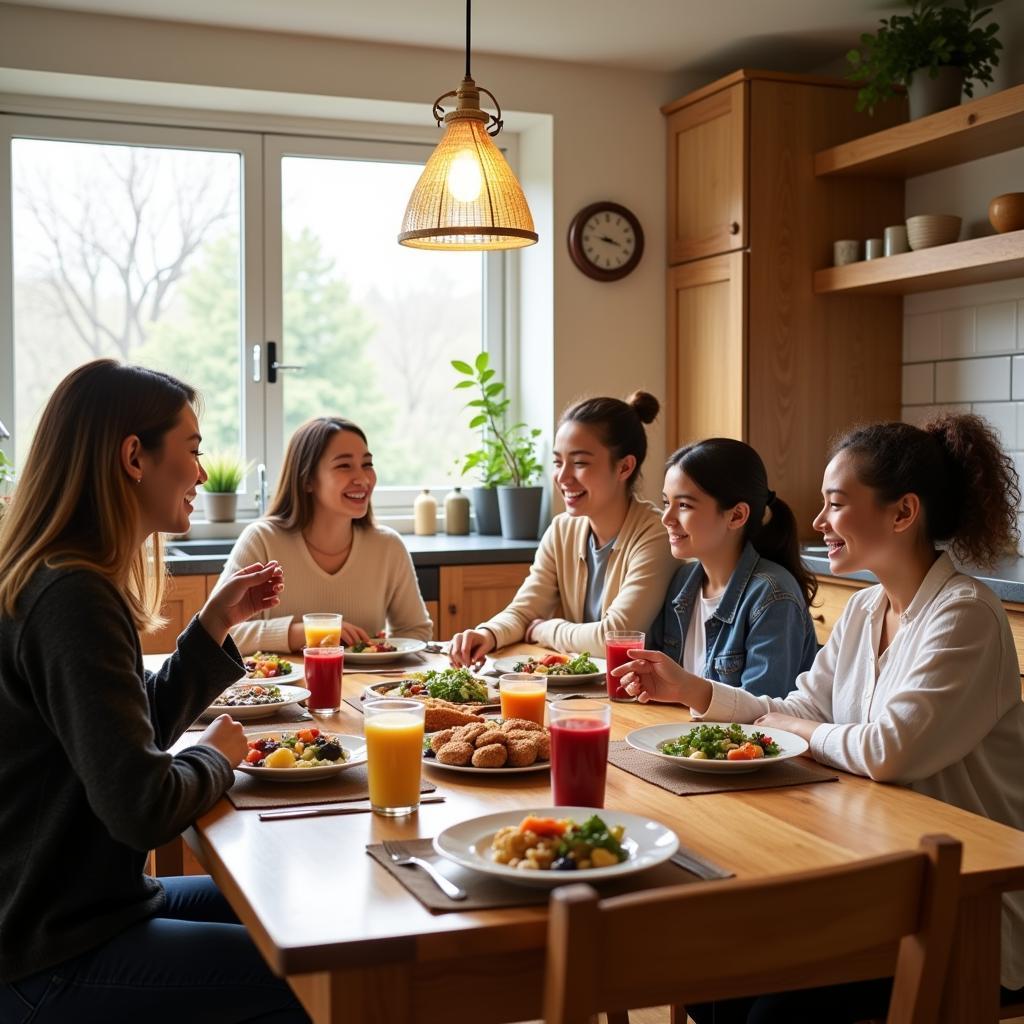 Family enjoying a meal together in a Cape Breton homestay kitchen.