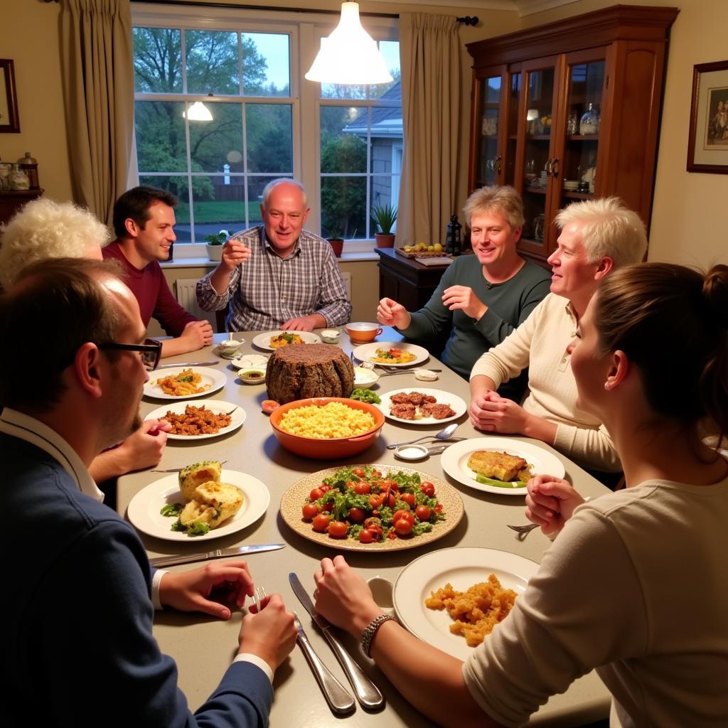 Enjoying a traditional Welsh dinner with a host family in a Cardiff homestay.