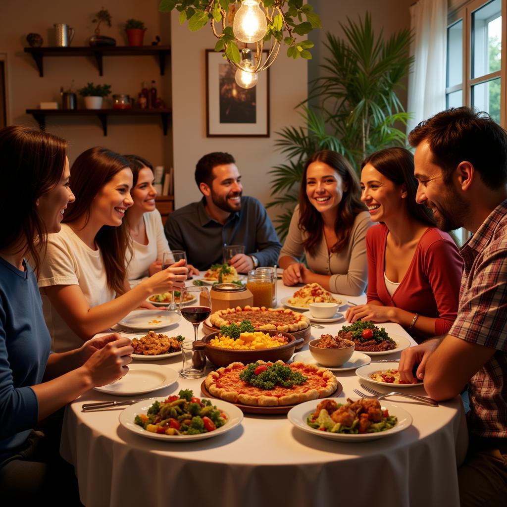 Family enjoying a traditional Spanish dinner at a casa lago homestay