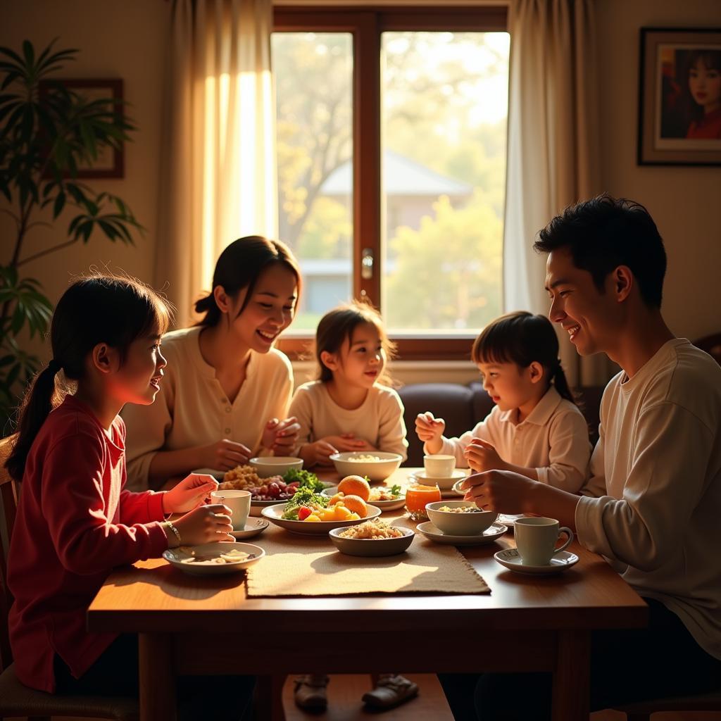 Vietnamese family enjoying breakfast together in their Cat Ba homestay