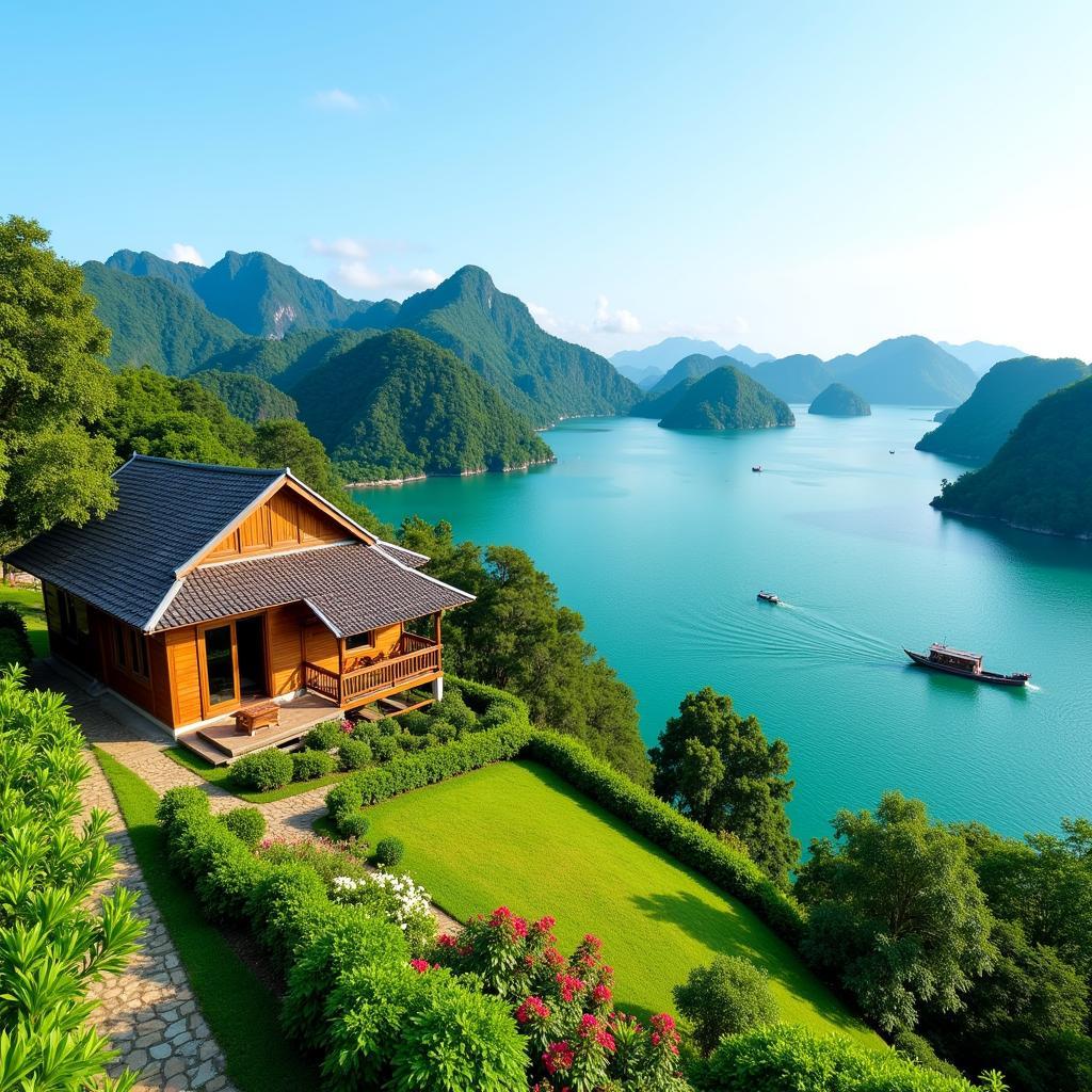 Scenic view of a traditional Vietnamese homestay nestled amidst the lush greenery of Cat Ba National Park, overlooking the serene waters of Lan Ha Bay.