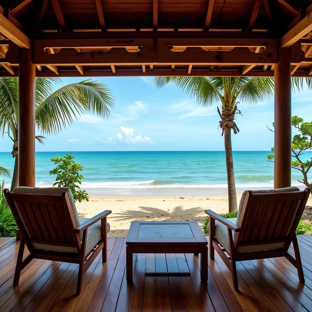 Cherating Beach Homestay: Relaxing on the veranda of a traditional Malay homestay overlooking the beach, with palm trees swaying in the gentle breeze and the turquoise waters of the South China Sea in the background.