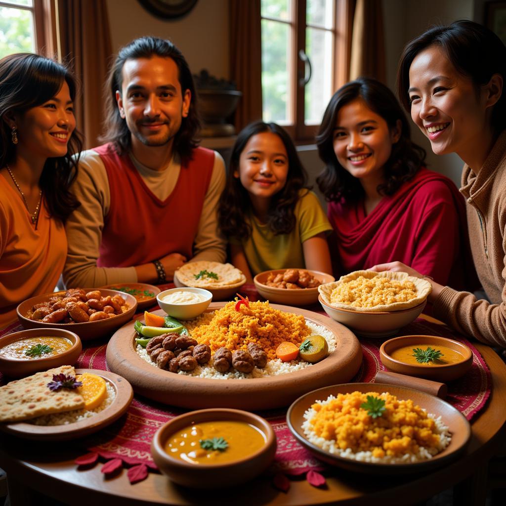 A family enjoying a traditional Indian meal at a homestay in Chikkamagalur